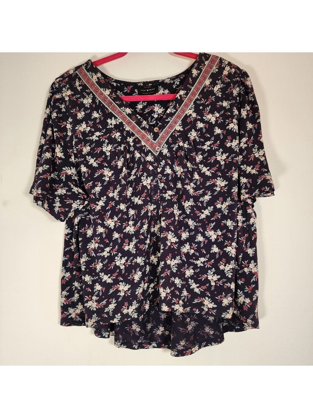 Lucky Brand Navy Floral Peasant Blouse Size L Boho Cotton‎ Modal V-Neck